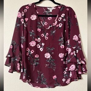 Floral Medium Burgundy Blouse with Ruffle Sleeves